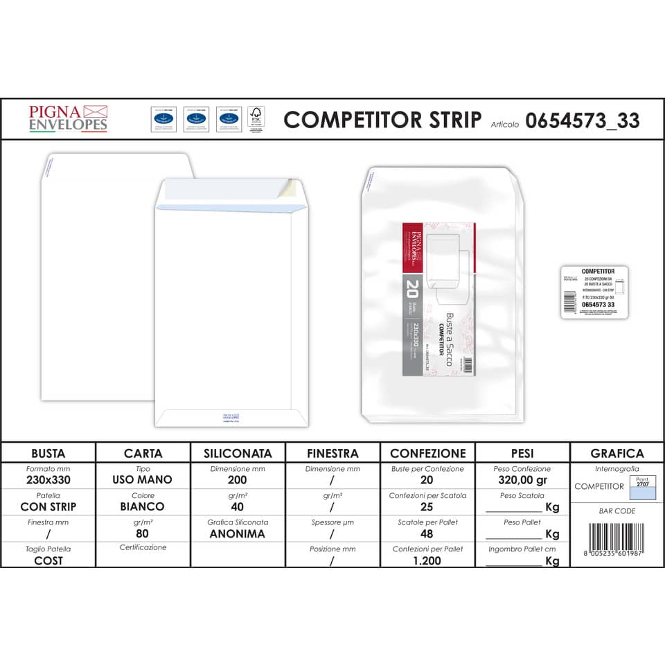 Buste a sacco Pigna Envelopes Competitor Strip 80 g/m² 230x330 mm bianco Conf. da 20 buste - 0654573