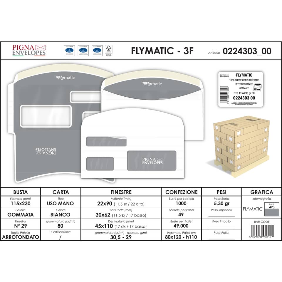 Buste con 3 finestre Pigna Envelopes FLY Matic 3 80 g/m² 115x230 mm bianco conf. 1000 - 0224303