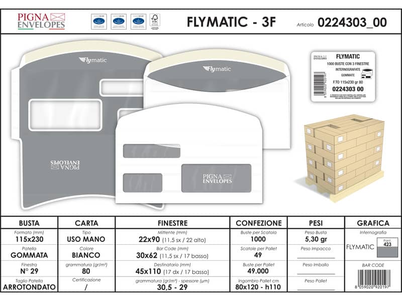 Buste con 3 finestre Pigna Envelopes FLY Matic 3 80 g/m² 115x230 mm bianco conf. 1000 - 0224303