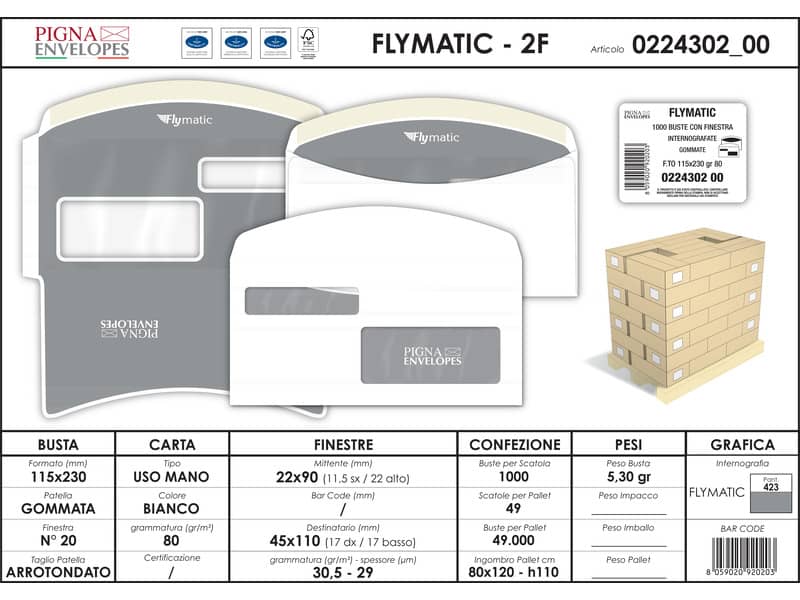 Buste con 2 finestre Pigna Envelopes FLY-Matic 2 80 g/m² 115x230 mm bianco conf. 1000 - 0224302