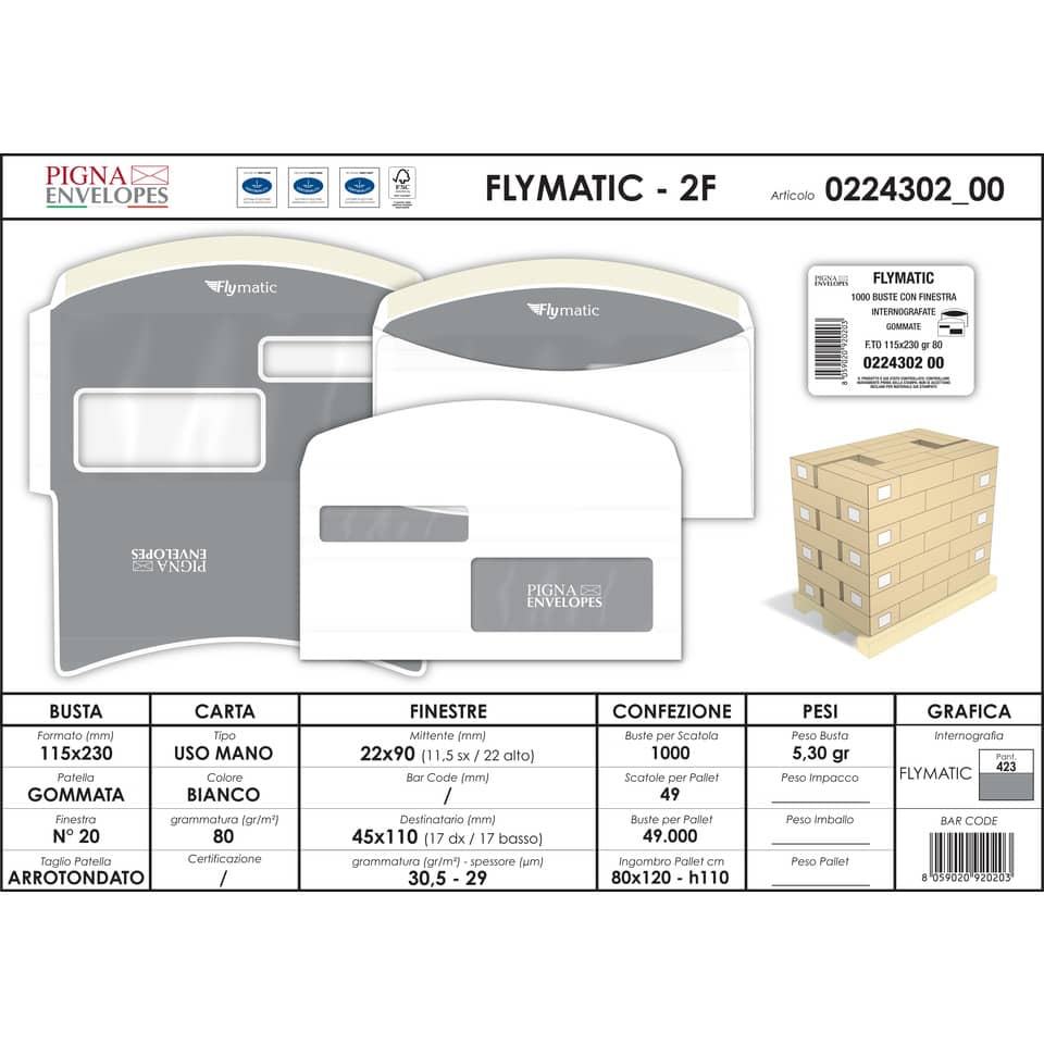 Buste con 2 finestre Pigna Envelopes FLY-Matic 2 80 g/m² 115x230 mm bianco conf. 1000 - 0224302