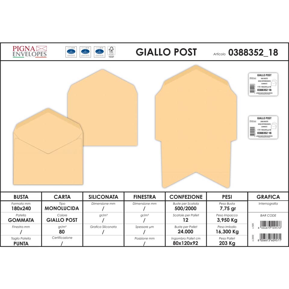 Buste senza finestra Pigna Envelopes 80 g/m² 180x240 mm giallo posta conf. 500 - 0388352