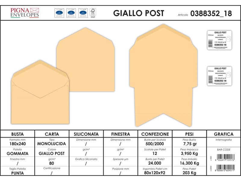 Buste senza finestra Pigna Envelopes 80 g/m² 180x240 mm giallo posta conf. 500 - 0388352