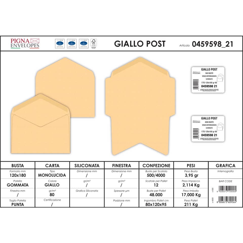 Buste senza finestra Pigna Envelopes 80 g/m² 120x180 mm giallo posta conf. 500 - 0459598