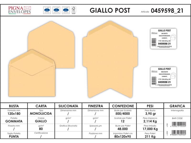 Buste senza finestra Pigna Envelopes 80 g/m² 120x180 mm giallo posta conf. 500 - 0459598