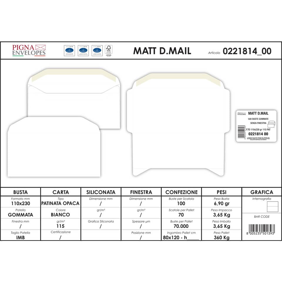 Buste senza finestra Pigna Envelopes Matt mail 115 g/m² 110x230 mm bianco conf. 1000 - 0221814