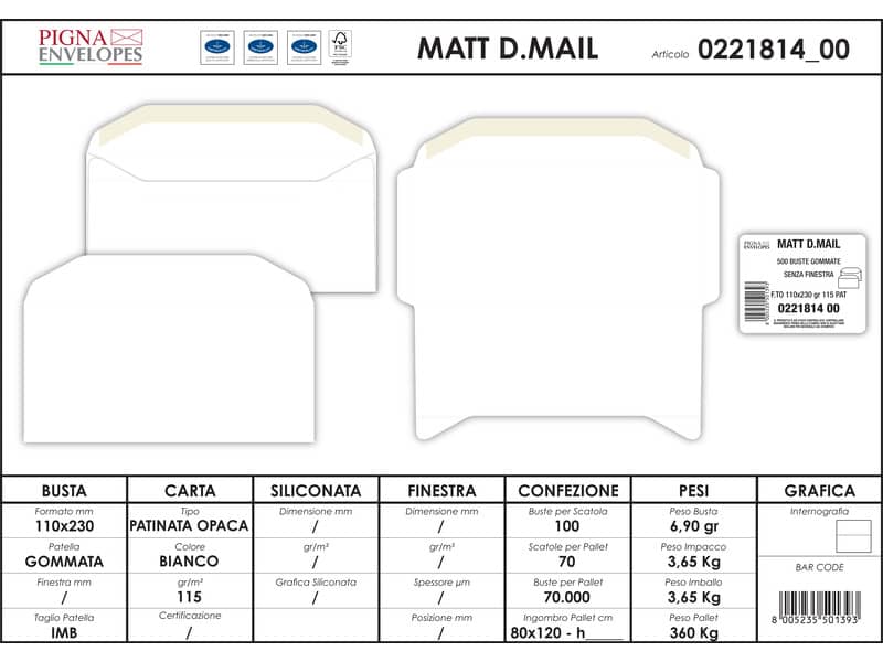 Buste senza finestra Pigna Envelopes Matt mail 115 g/m² 110x230 mm bianco conf. 1000 - 0221814