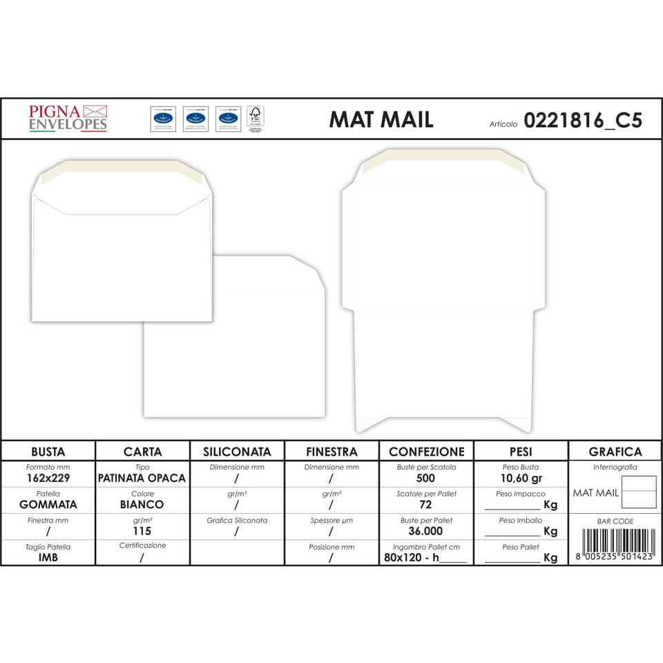 Buste senza finestra Pigna Envelopes Matt mail 162x229 mm bianco conf. 500 - 0221816