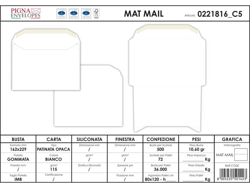 Buste senza finestra Pigna Envelopes Matt mail 162x229 mm bianco conf. 500 - 0221816