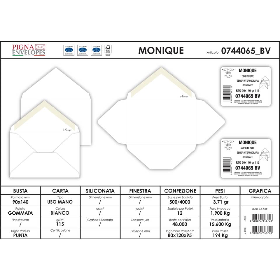 Buste senza finestra Pigna Envelopes Monique 115 g/m² 90x140 mm bianco conf. 500 - 0744065