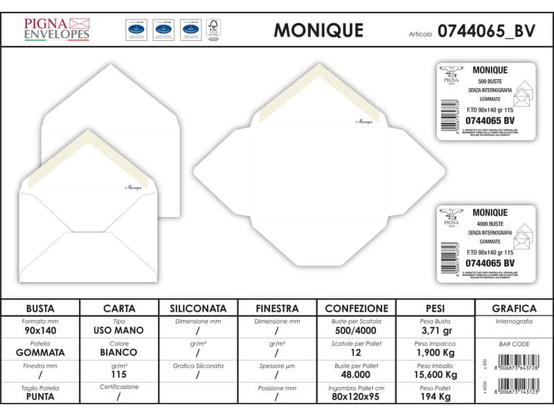 Buste senza finestra Pigna Envelopes Monique 115 g/m² 90x140 mm bianco conf. 500 - 0744065