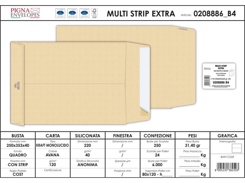 Buste a sacco con soffietto Pigna Envelopes Multi Strip Extra 25+4 x 35 cm avana Conf. 250 pezzi - 0208886