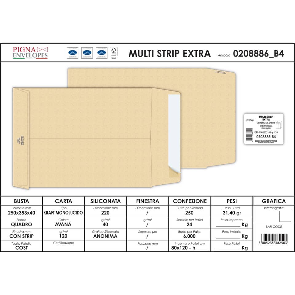 Buste a sacco con soffietto Pigna Envelopes Multi Strip Extra 25+4 x 35 cm avana Conf. 250 pezzi - 0208886