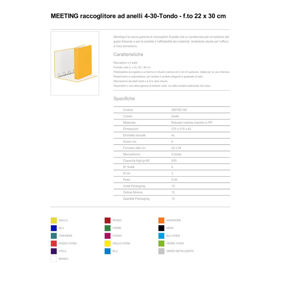 Raccoglitore Esselte Meeting a 4 anelli tondi 30mm cartone rivestito in PP giallo 22x30cm dorso 4cm - 395792100