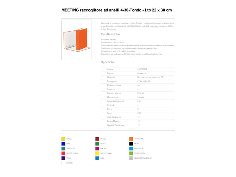 Raccoglitore Esselte Meeting a 4 anelli tondi 30mm cartone rivestito in PP arancione 22x30cm dorso 4cm - 395792200