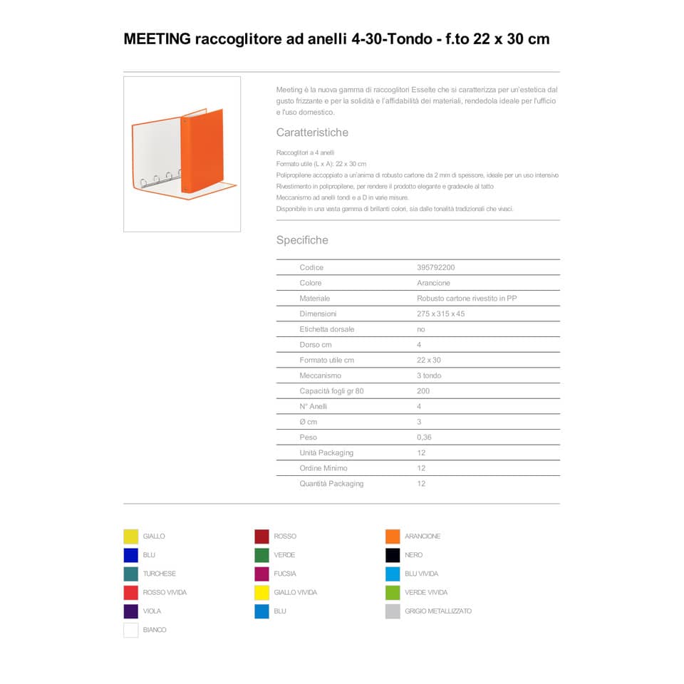 Raccoglitore Esselte Meeting a 4 anelli tondi 30mm cartone rivestito in PP arancione 22x30cm dorso 4cm - 395792200