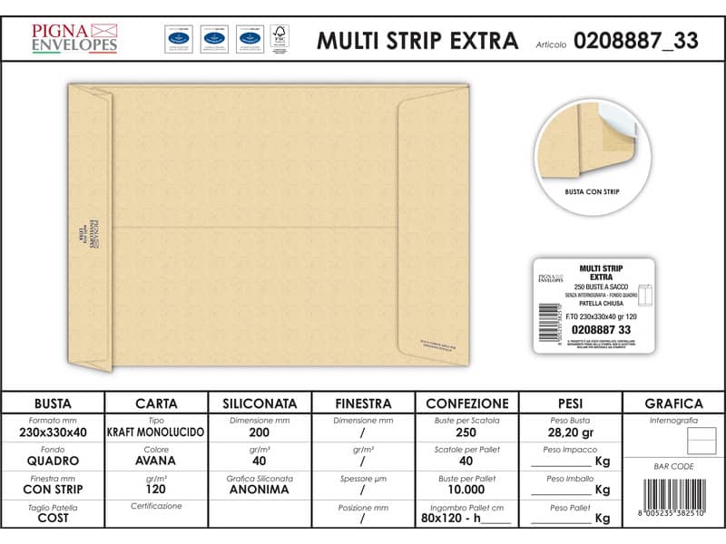 Buste a sacco con soffietto Pigna Envelopes Multi Strip Extra 23+4 x 33 cm avana Conf. 250 pezzi - 0208887