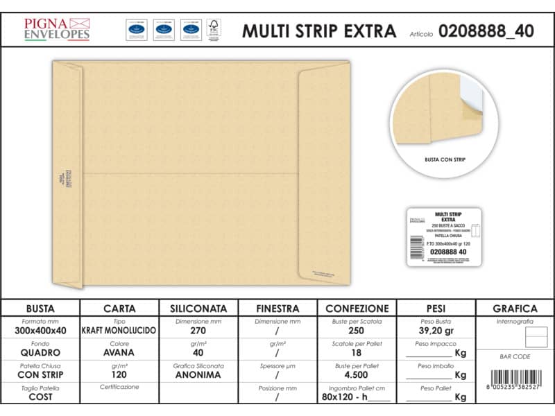 Buste a sacco con soffietto Pigna Envelopes Multi Strip Extra 30+4 x 40 cm avana Conf. 250 pezzi - 0208888