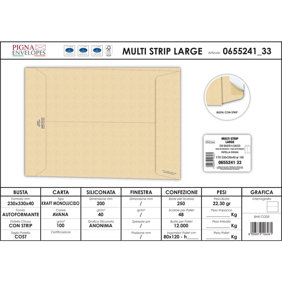 Buste a sacco con soffietto Pigna Envelopes Multi Strip Large 23+4 x 33 cm avana Conf. 250 pezzi - 0655241