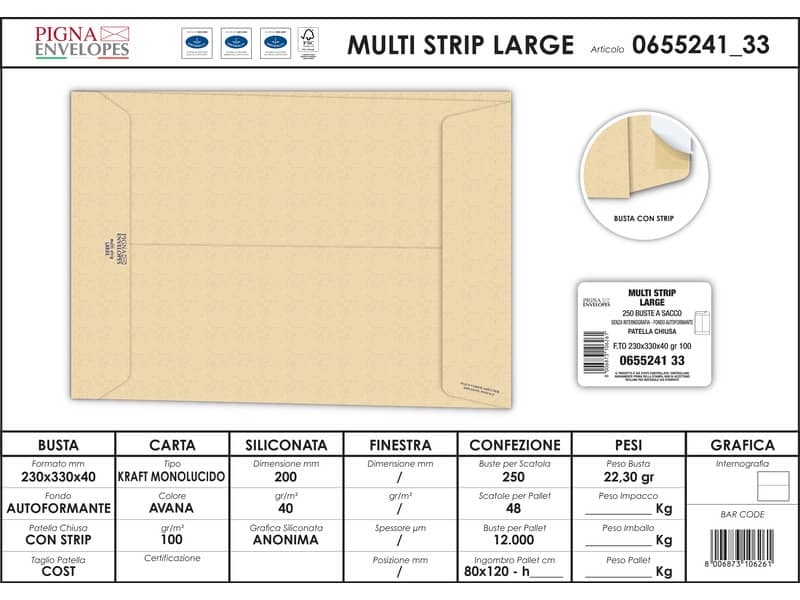 Buste a sacco con soffietto Pigna Envelopes Multi Strip Large 23+4 x 33 cm avana Conf. 250 pezzi - 0655241