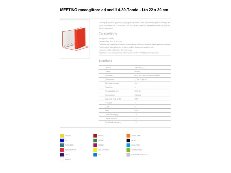 Raccoglitore Esselte Meeting a 4 anelli tondi 30mm cartone rivestito in PP rosso 22x30cm dorso 4cm - 395792300