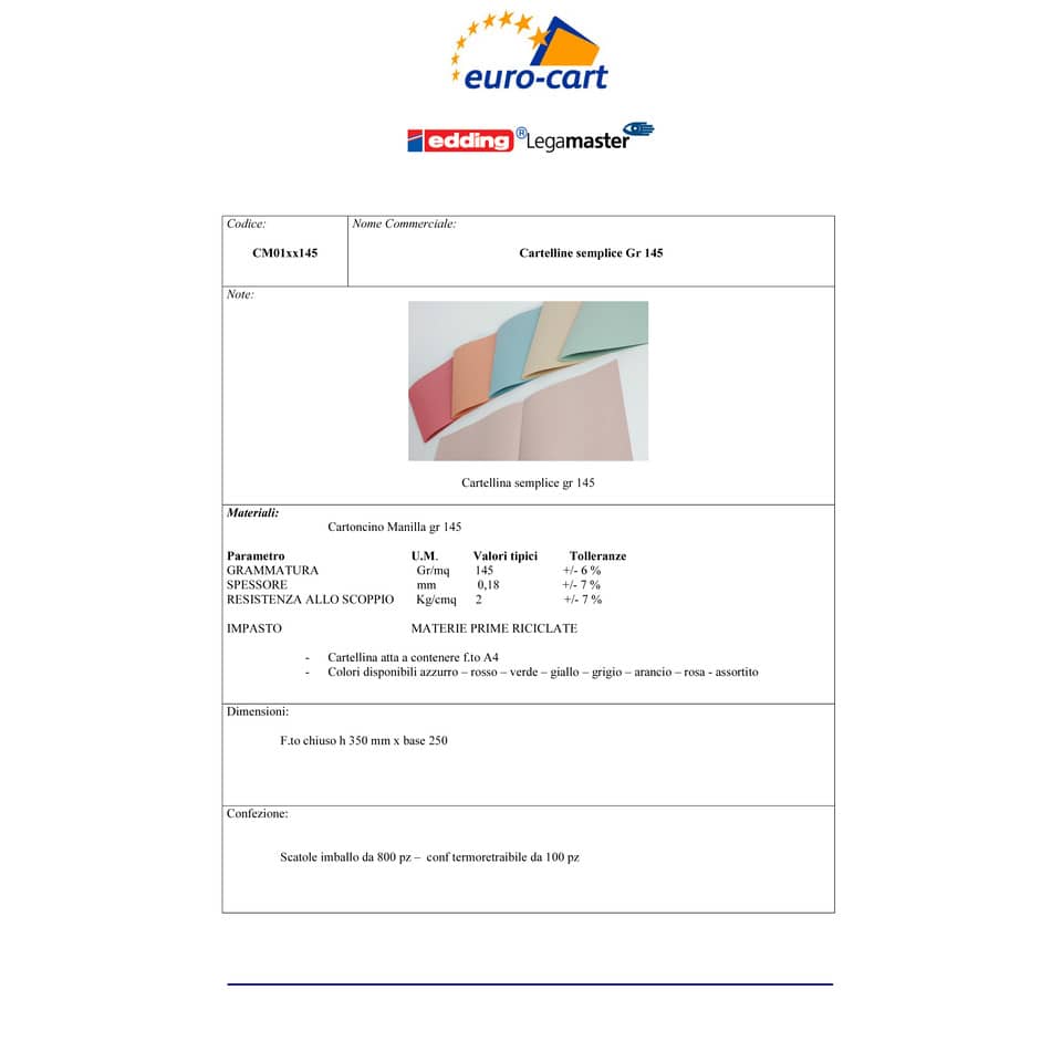 Cartelline semplici EURO-CART Cartoncino Manilla 25x35 cm gr. 145 arancio conf. da 100 pezzi - CM01AR145