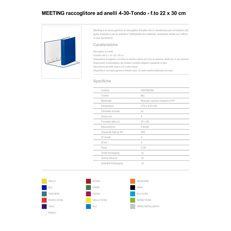 Raccoglitore Esselte Meeting a 4 anelli tondi 30mm cartone rivestito in PP blu 22x30cm dorso 4cm - 395792500