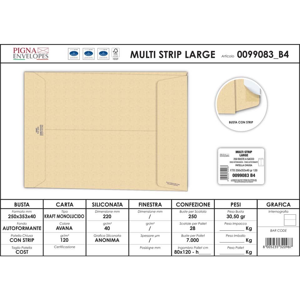 Buste a sacco con soffietto Pigna Envelopes Multi Strip Large 25+4 x 35 cm avana Conf. 250 pezzi - 0099083