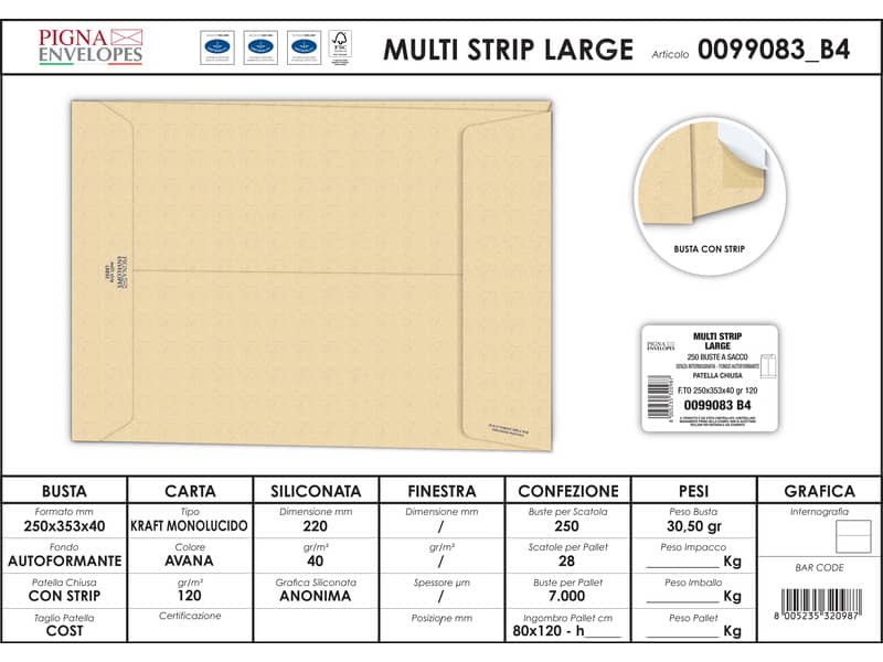 Buste a sacco con soffietto Pigna Envelopes Multi Strip Large 25+4 x 35 cm avana Conf. 250 pezzi - 0099083