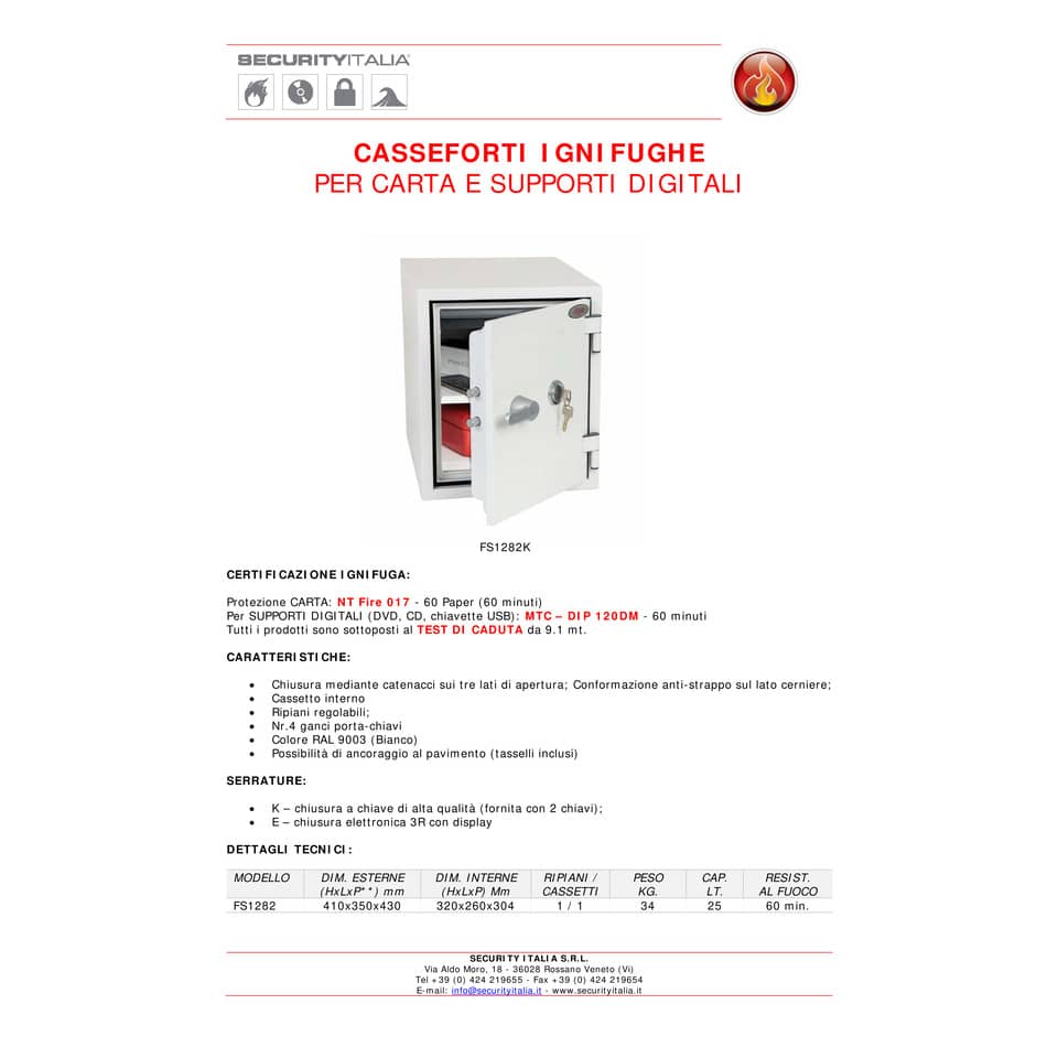 Cassaforte ignifuga Phoenix bianco - Ral 9003 con serratura a chiave doppia mappa. 25 lt. - FS 1282 K