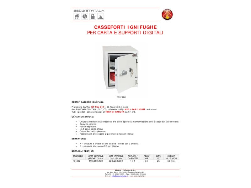 Cassaforte ignifuga Phoenix bianco - Ral 9003 con serratura a chiave doppia mappa. 25 lt. - FS 1282 K