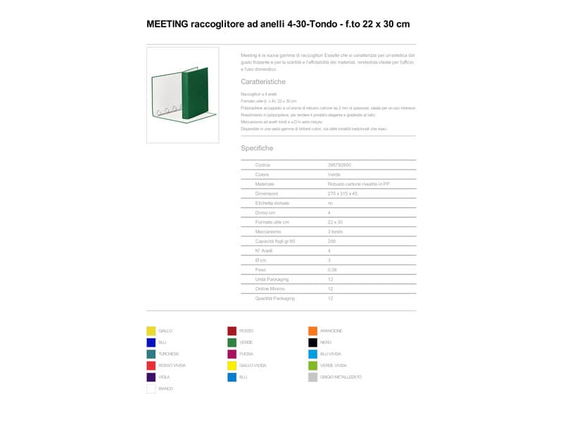 Raccoglitore Esselte Meeting a 4 anelli tondi 30mm cartone rivestito in PP verde 22x30cm dorso 4cm - 395792600