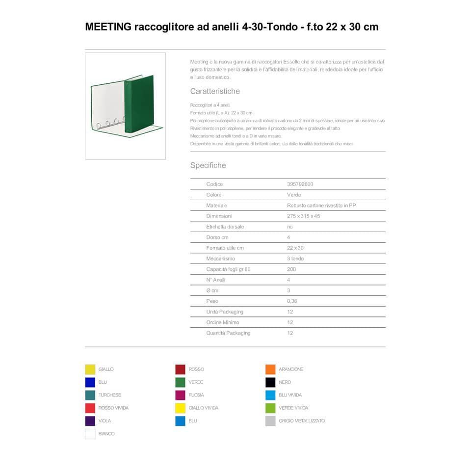 Raccoglitore Esselte Meeting a 4 anelli tondi 30mm cartone rivestito in PP verde 22x30cm dorso 4cm - 395792600