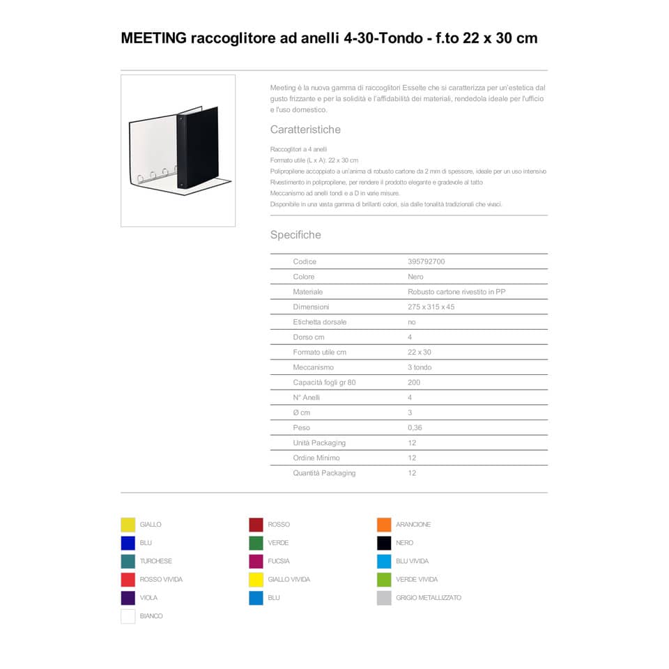 Raccoglitore Esselte Meeting a 4 anelli tondi 30mm cartone rivestito in PP nero 22x30cm dorso 4cm - 395792700