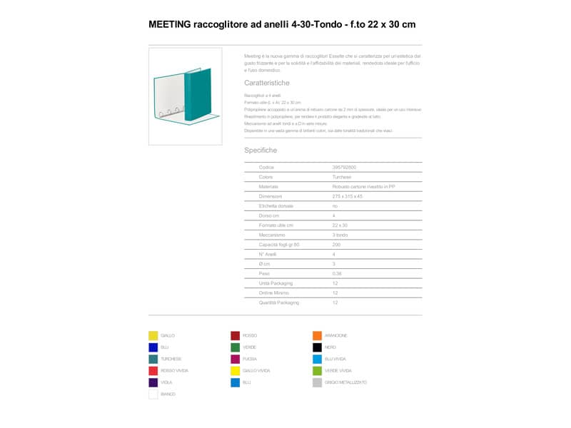 Raccoglitore Esselte Meeting a 4 anelli tondi 30mm cartone rivestito in PP turchese 22x30cm dorso 4cm - 395792800