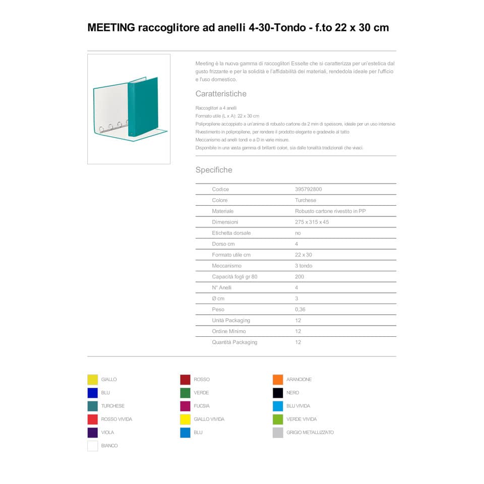 Raccoglitore Esselte Meeting a 4 anelli tondi 30mm cartone rivestito in PP turchese 22x30cm dorso 4cm - 395792800