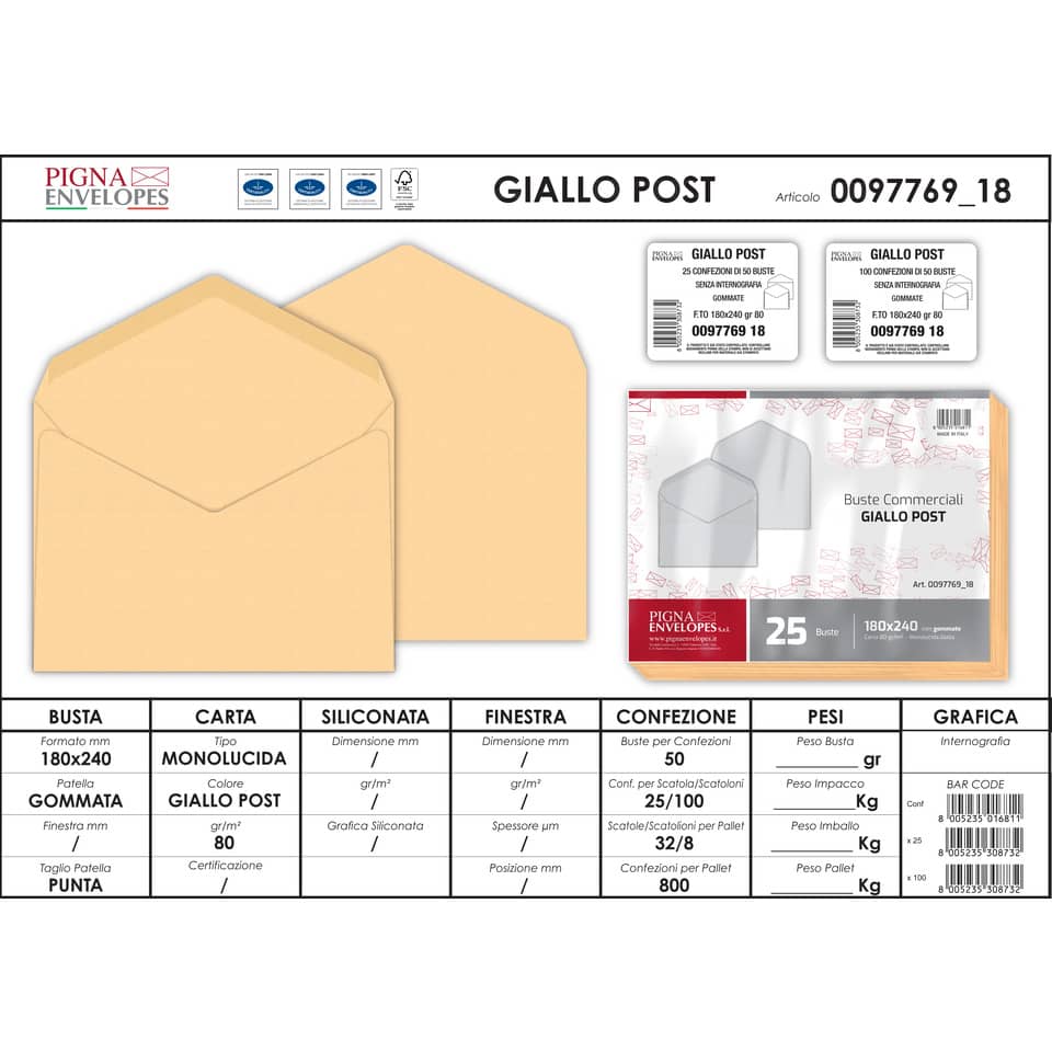 Buste senza finestra Pigna Envelopes 80 g/m² 180x240 mm giallo posta Conf. 25 buste - 0097769