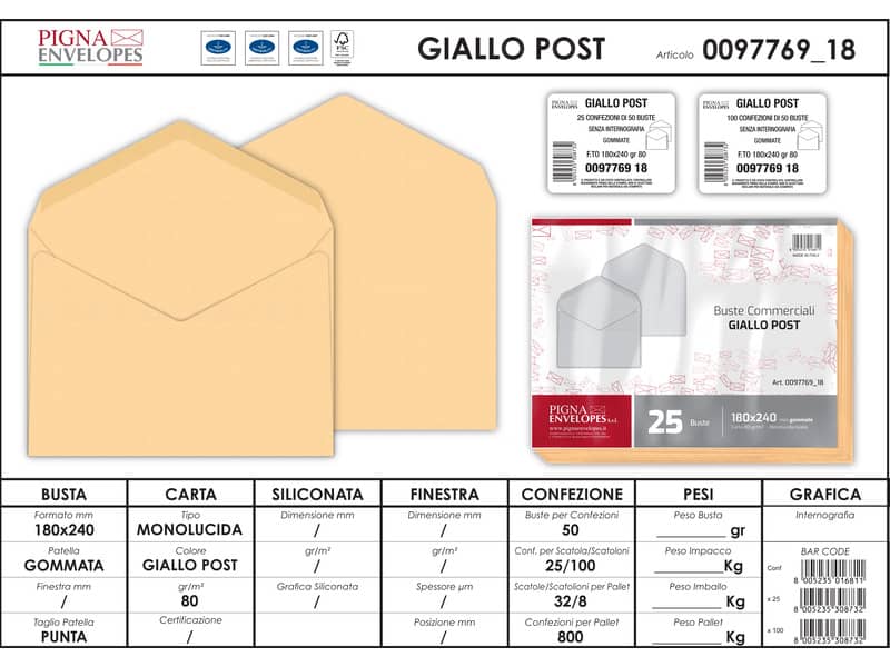 Buste senza finestra Pigna Envelopes 80 g/m² 180x240 mm giallo posta Conf. 25 buste - 0097769