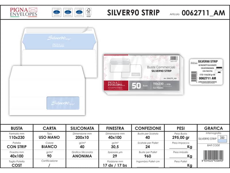 Buste con finestra Pigna Envelopes Silver90 Strip 90 g/m² 110x230 mm bianco Conf. 50 buste - 0062711