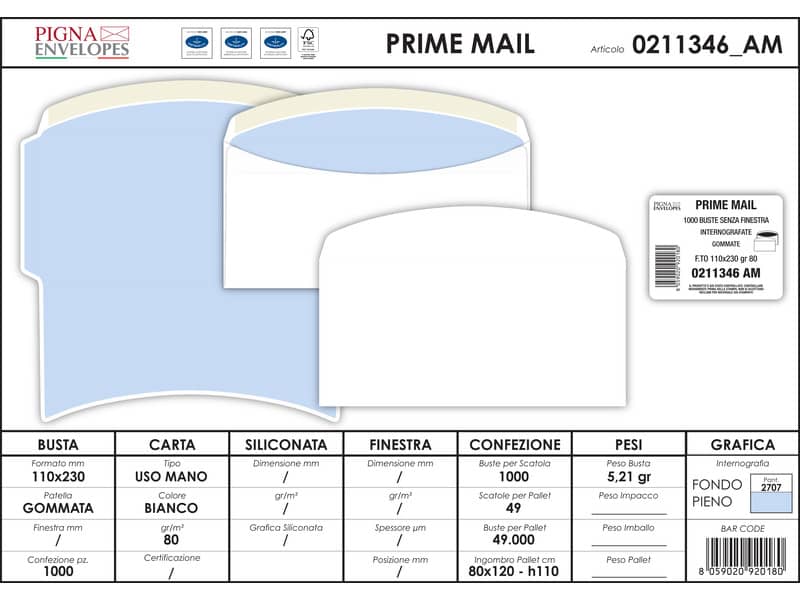 Buste senza finestra Pigna Envelopes Prime Mail 80 g/m² 110x230 mm bianco conf. 1000 - 0211346