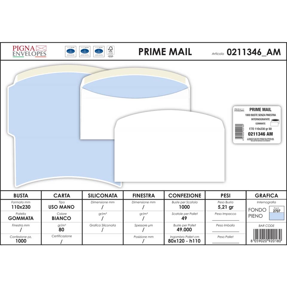 Buste senza finestra Pigna Envelopes Prime Mail 80 g/m² 110x230 mm bianco conf. 1000 - 0211346