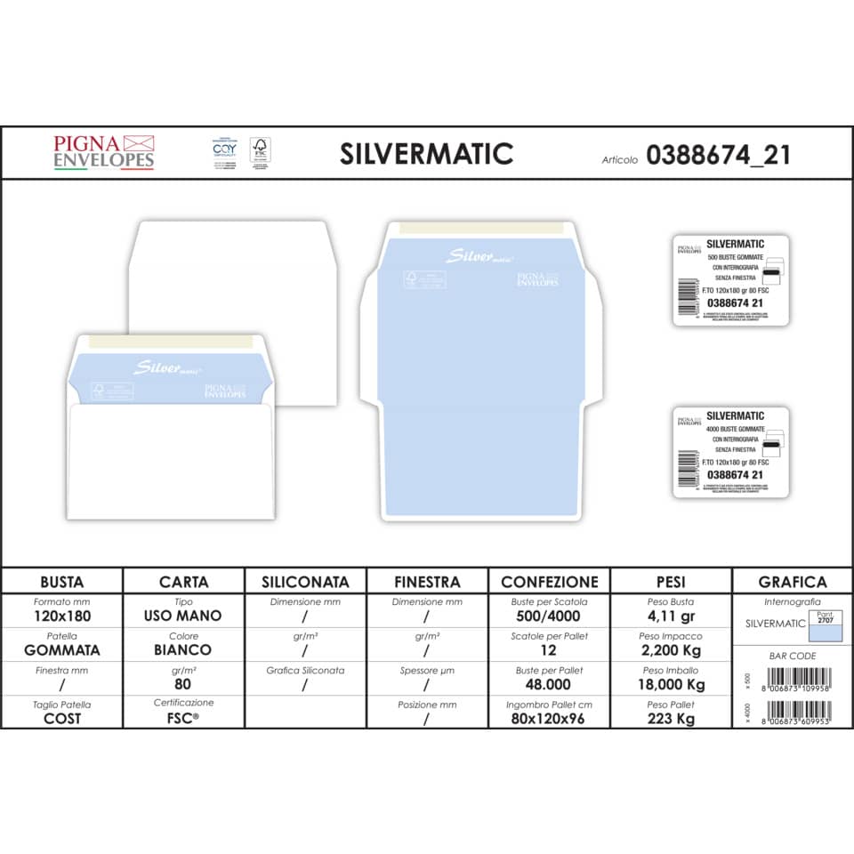 Buste senza finestra Pigna Envelopes Silvermatic 80 g/m² 120x180 mm bianco conf. 500 - 0388674