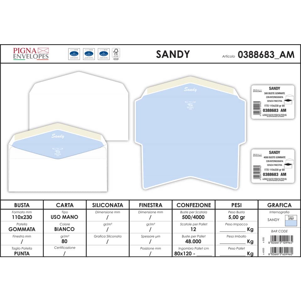 Buste senza finestra Pigna Envelopes Sandy 80 g/m² 110x230 mm bianco conf. 500 - 0388683