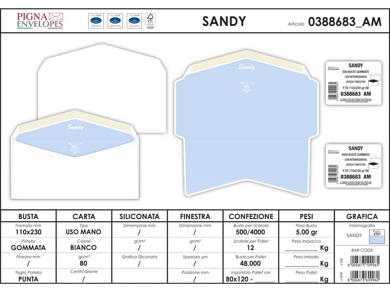 Buste senza finestra Pigna Envelopes Sandy 80 g/m² 110x230 mm bianco conf. 500 - 0388683