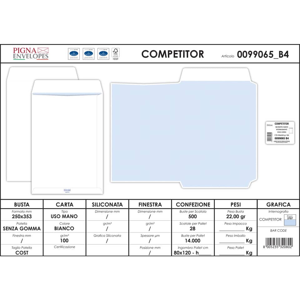 Buste a sacco Pigna Envelopes Competitor 100 g/m² 250x353 mm bianco conf. 500 - 0099065