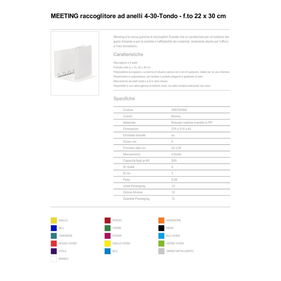 Raccoglitore Esselte Meeting a 4 anelli tondi 30mm cartone rivestito in PP bianco 22x30cm dorso 4cm - 395792904
