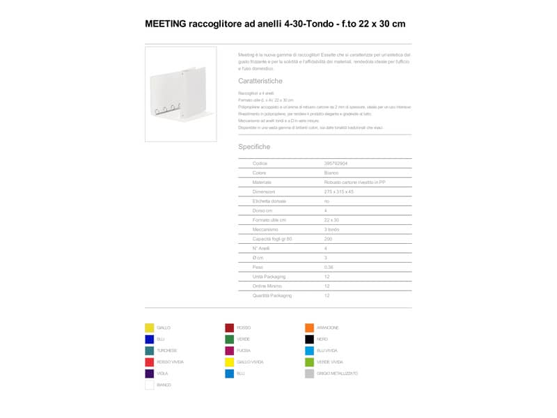Raccoglitore Esselte Meeting a 4 anelli tondi 30mm cartone rivestito in PP bianco 22x30cm dorso 4cm - 395792904