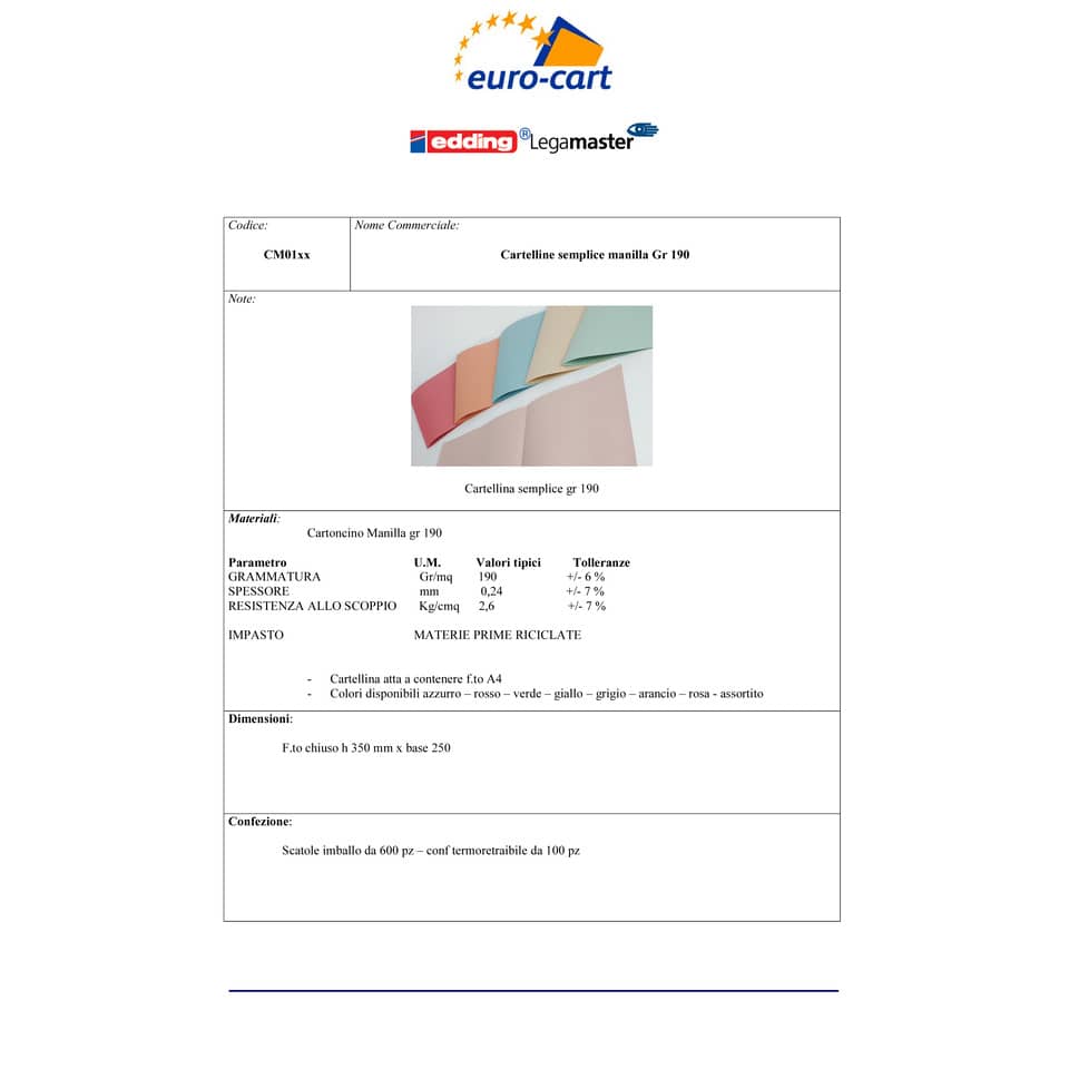 Cartelline semplici EURO-CART Cartoncino Manilla 25x35 cm gr. 190 giallo conf. da 100 pezzi - CM01GI