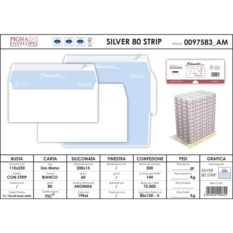 Buste senza finestra Pigna Envelopes Silver80 80 g/m² 110x230 mm bianco conf. 500 - 0097583