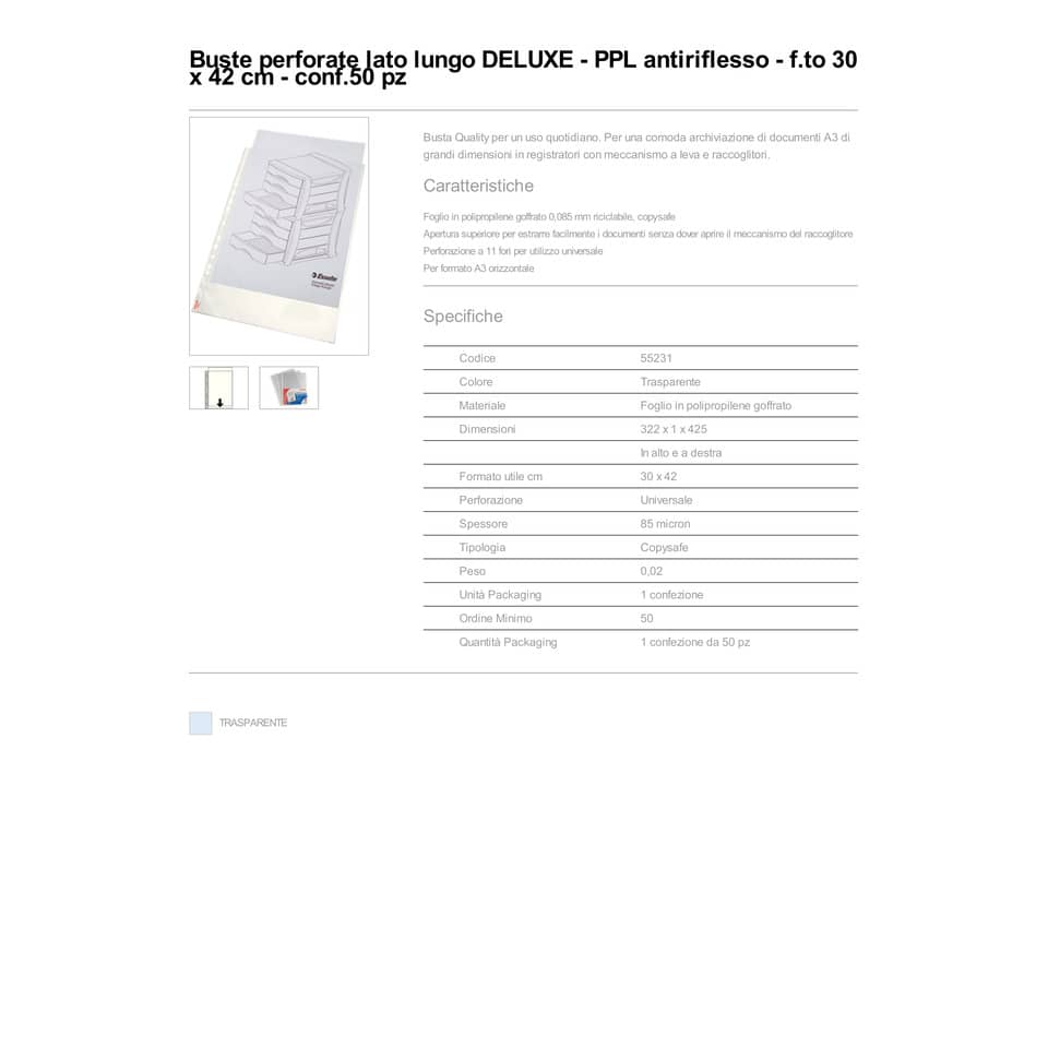 Buste a perforazione universale Esselte DELUXE goffrate antiriflesso trasparente 30x42 cm conf. 50 pezzi - 55231
